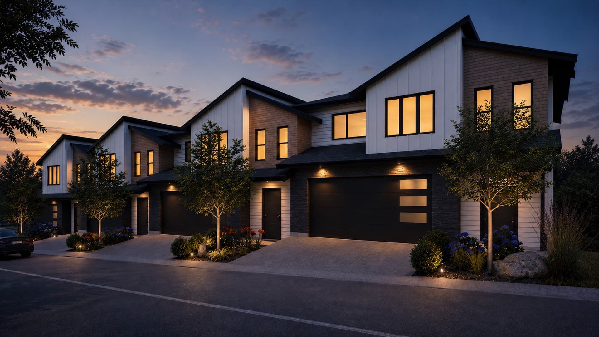Rendering of the Paramount Peak townhomes at dusk