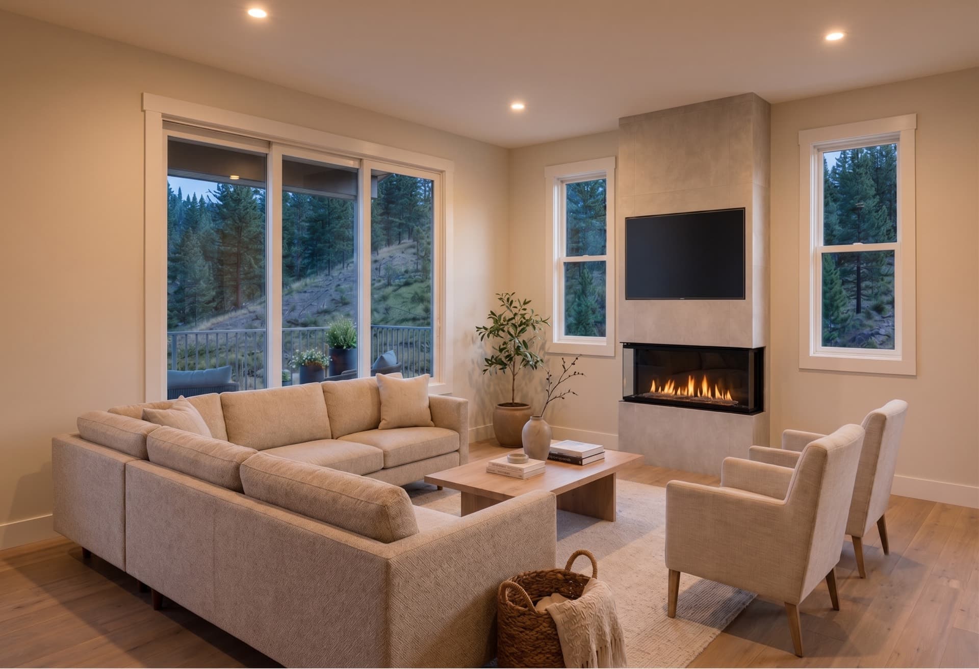 Great room and fireplace at Paramount Peak at dusk